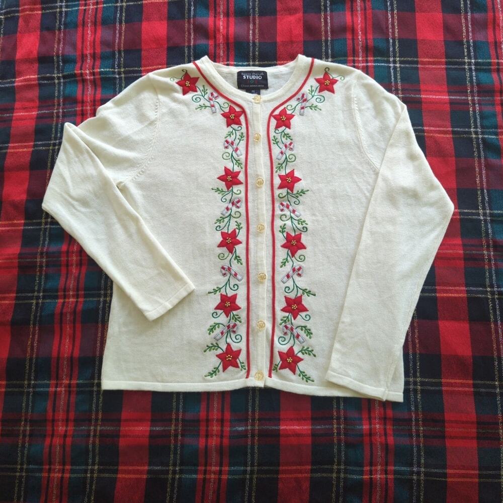 Christmas Holiday Cardigan Sweater with Poinsettias by Designers Originals